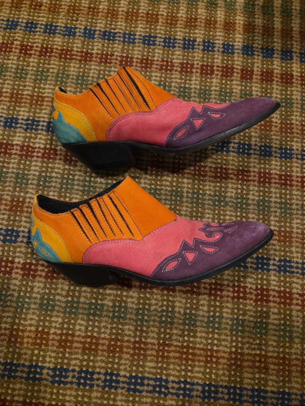 Vintage Circle S Suede Western Ankle Booties Multicolor Block Corral Pattern Sz7